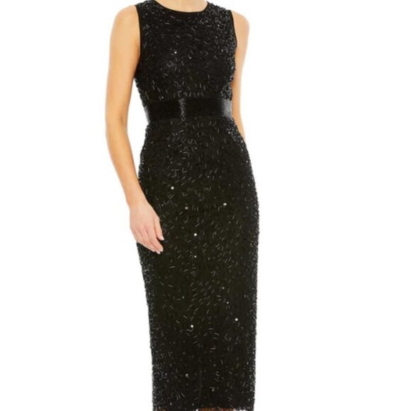 Mac Duggal Black Geometric Beaded Sequin Midi Cocktail Dress